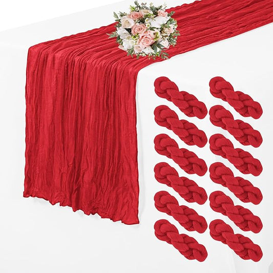 12 Pack Cheesecloth Table Runner 35 x 70 inch Long Boho Cheese Cloth Gauze Table Runners Semi Sheer Table Runner for Wedding Decor, Bridal Shower, Birthday Party (Red)