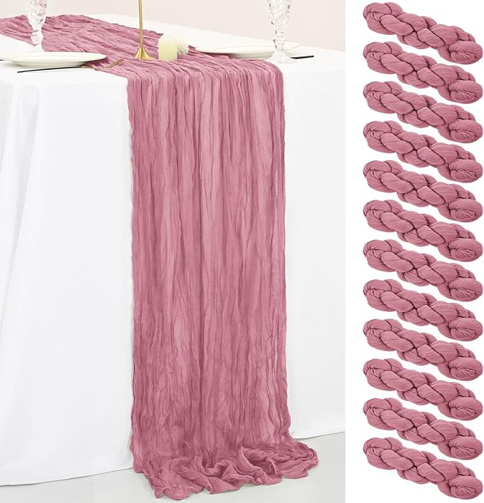 12 Pack 10Ft Dusty Rose Cheesecloth Table Runner 35 x 120 inch Boho Gauze Cheese Cloth Table Runner Vintage Rustic Sheer Runners for Wedding Bridal Shower Birthday Party Cake Table Decorations