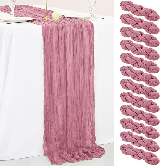 12 Pack 10Ft Dusty Rose Cheesecloth Table Runner 35 x 120 inch Boho Gauze Cheese Cloth Table Runner Vintage Rustic Sheer Runners for Wedding Bridal Shower Birthday Party Cake Table Decorations