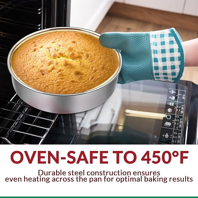 9½ Inch Cake Pan Set of 3, E-Far Stainless Steel Round Layer Cake Baking Pans with Parchment Rounds & Side Liner Roll, Non-Toxic & Healthy Metal Cakes Tin, Straight Side & Dishwasher Safe
