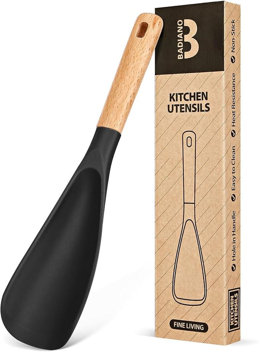 Cooking Spoon for Nonstick Cookwares, Great for Cooking and Serving Sturdy BPA-Free Matte Silicone, Wood Handle Spoon for Mixing, Scoop, and Scrape (Black)