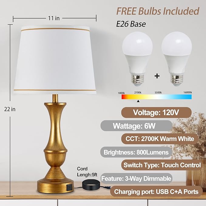 Luvkczc Gold Touch Table Lamps Set of 2, 22" Bedside Lamps with USB C+A Ports,Dimmable Nightstand Lamps with White Lampshade,Table Lamps for Bedroom Living Room Bedroom Office, Bulbs Included