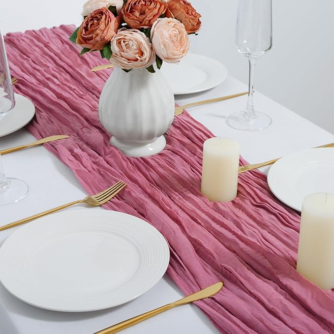combocube 12 Pack 35x120 Inch 10Ft Cheesecloth Long Table Runner Gauze Rustic Romantic Table Cloth for Wedding Reception Bridal Shower Holiday Birthday Party Table Decorations, Dusty Rose