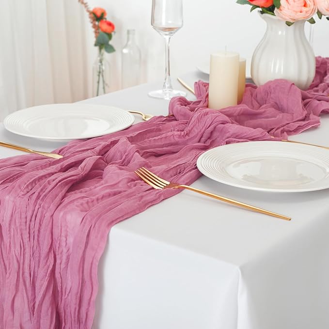 combocube 12 Pack 35x120 Inch 10Ft Cheesecloth Long Table Runner Gauze Rustic Romantic Table Cloth for Wedding Reception Bridal Shower Holiday Birthday Party Table Decorations, Dusty Rose