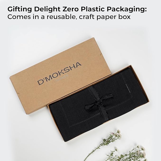 D'Moksha Homes Linen Black Table Runner 48 Inches - Classic Hemstitch, 100% Pure Linen Coffee Table Runner 14 x 48 Inch Ideal for Dresser Tables - Winter, Christmas, Holiday, New Year