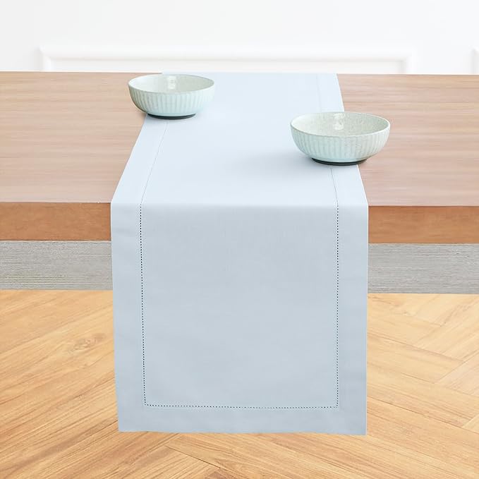 Solino Home Table Runner 120 Inches Long - Cotton Linen Hemstitch Light Blue Table Runner 14 x 120 Inch for Christmas, New Year