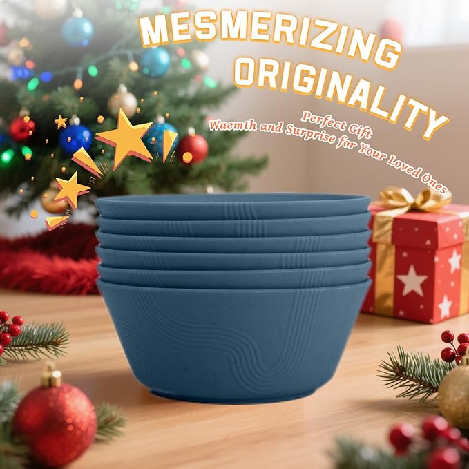 Homienly Wheat Straw Bowls, Unbreakable Soup Bowls Set of 6, Alternatives Plastic Bowls Microwave Safe, Dishwasher Safe Stackable 36oz Large Cereal Bowl for Kitchen, Camping, Serving (Navy Blue)