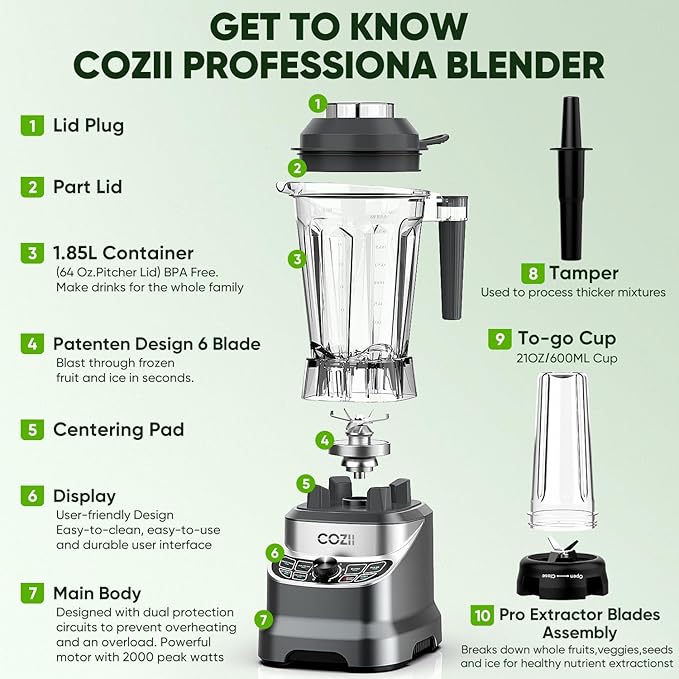 Blender 2000Watt, Countertop Blenders for Kitchen,64 Oz Pitcher/21-Oz To-go Cup, 7 Preset Programs for Ice Crush/Frozen Drinks/Nut Butter, High Speed, Dark Silver