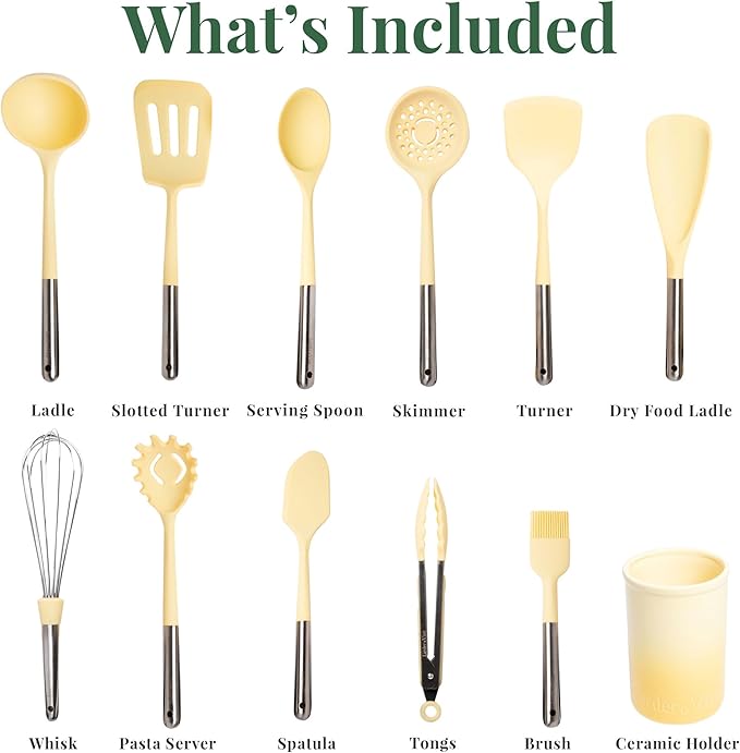 Larder & Vine 12-Piece Silicone Kitchen Cooking Utensils Set with Stainless Steel Handle and Ceramic Holder, Dishwasher Safe Set of Kitchen Essentials (Limoncello)