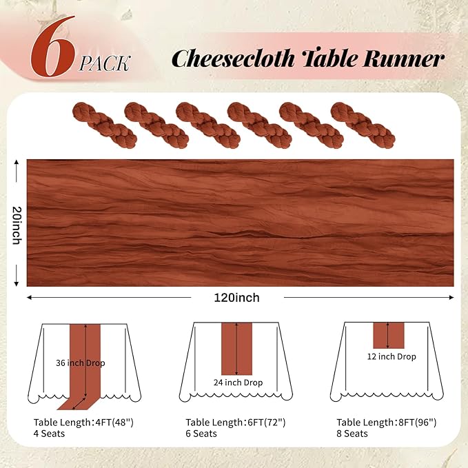 Aktor 6 Pack Terracotta Cheesecloth Table Runner 10Ft Gauze Table Runner Boho Semi Sheer Cheese Cloth Fabric Runners for Wedding Birthday Baby Shower Party Table Decoration（Terracotta）