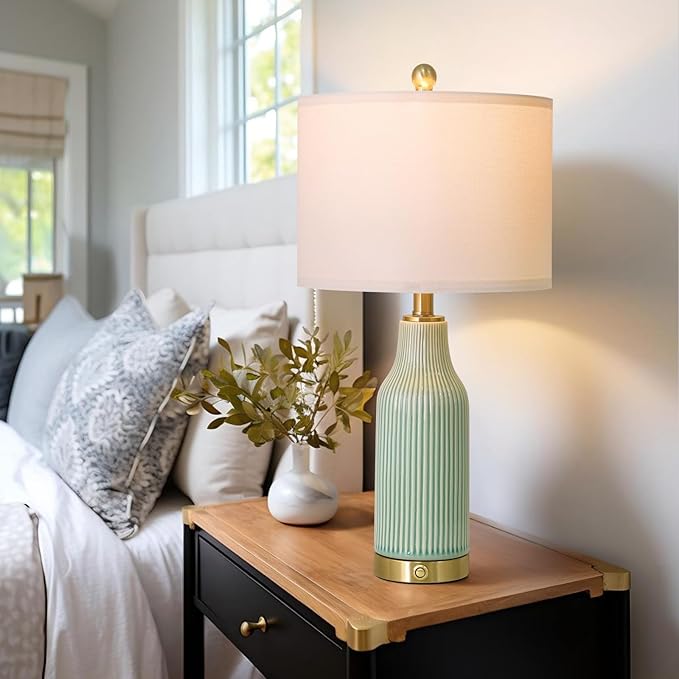 24.5" Modern 3-Way Dimmable Touch Control with USB A+C Ceramic Lamps Set of 2 Table Lamp for Living Room Bedroom Farmhouse Nightstand Bedside Green