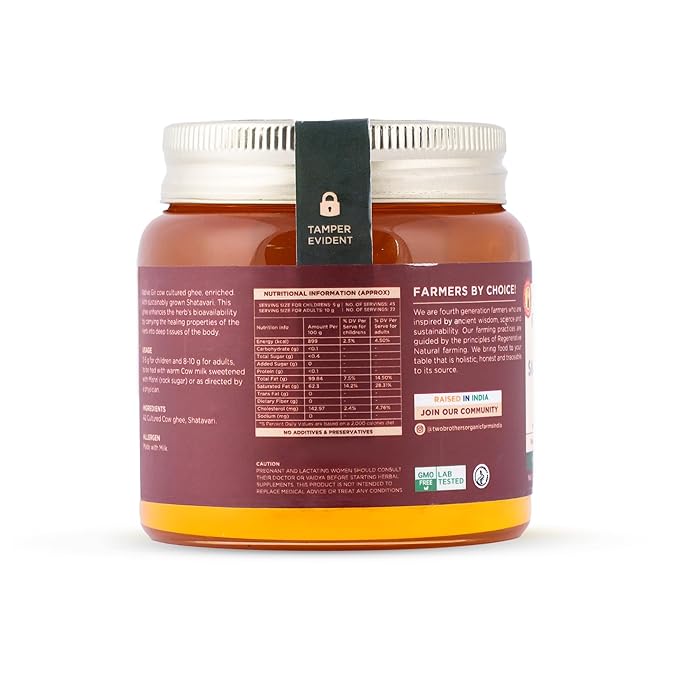 TWO BROTHERS ORGANIC FARMS Amorearth Natural A2 Cultured Shatavari Ghee, Desi Gir Cow, Cultured And Handmade 250 ml (Pack Of 1)