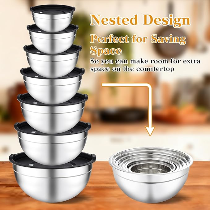Unokit Mixing Bowls with Lids Set - 7 Pcs Stainless Steel Mixing Bowls with 3 Grater Attachments, Mixing Bowl Set