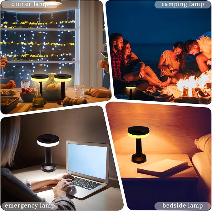 Riakrum 4 Pcs LED Portable Cordless Table Lamp with Touch Sensor 3 Color Stepless Dimming Rechargeable Battery up to 15 Hours Cordless Table Light Wireless Lamp for Nursery (Black)