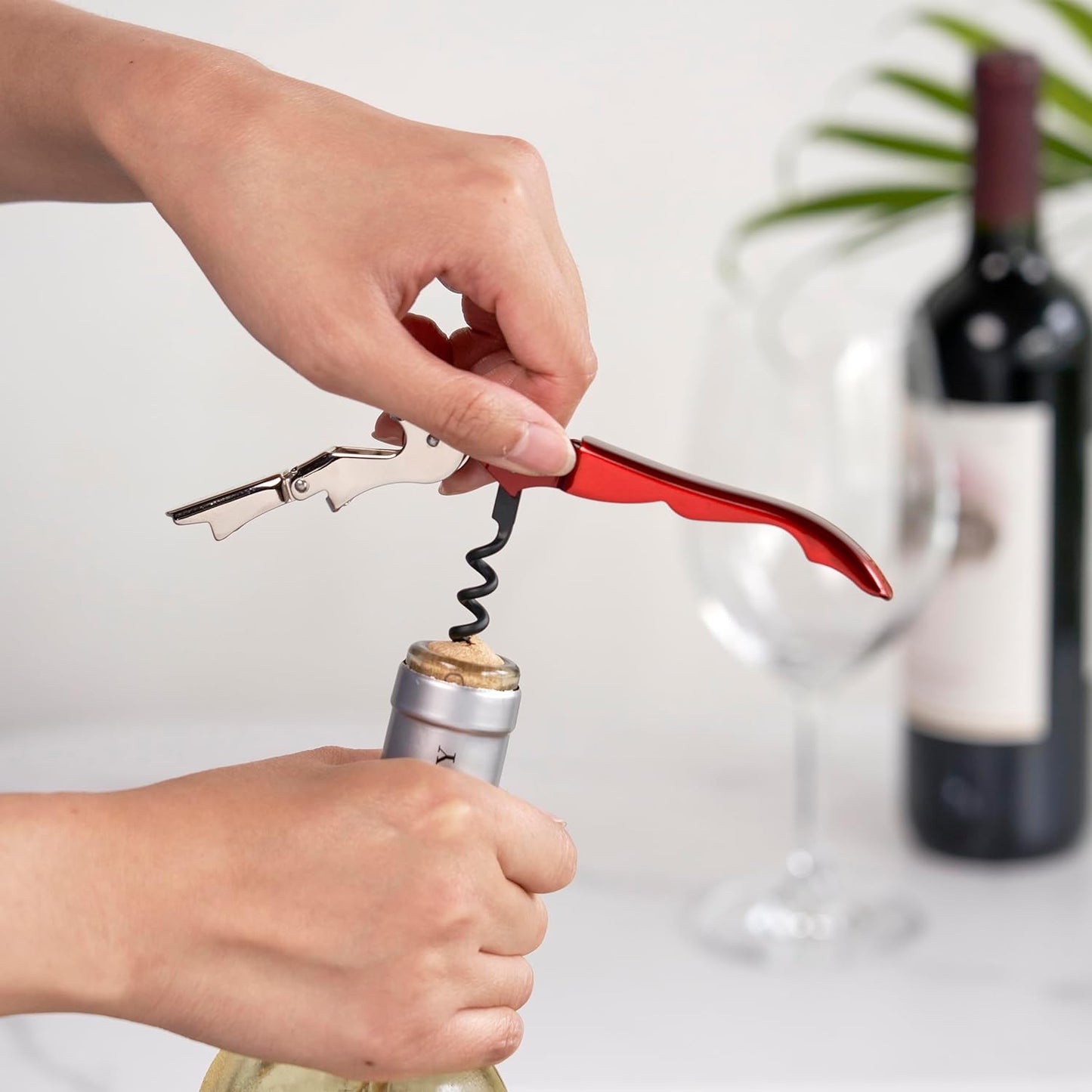True Brands TrueTap Double Hinged Waiters Corkscrew, Top-notch Stainless Steel Opener with Foil Cutter Built to Last Wine Key Metallic Red, Set of 1 (Pack of 2)