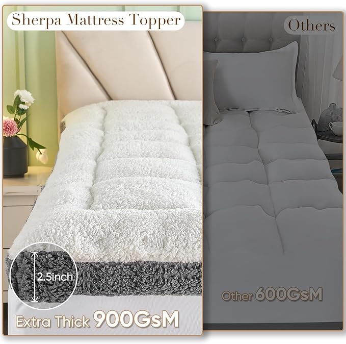 Cymula Mattress Topper Queen Size for Back Pain Extra Thick Sherpa Mattress Pad Bed Soft Pillow Top Mattress Cover with 900GSM Fluffy Down Alternative, 8-21" Deep Pocket, White