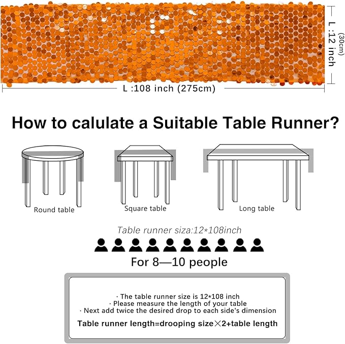 12 x 108 Inch Orange Sequin Table Runner Glitter Rectangle Big Sequin Table Runner for Wedding Party Birthday Christmas Halloween Decoration (1 Pack)