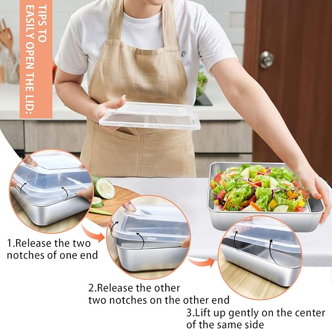 TeamFar Square Cake Pan with Lid (1 Pan & 1 Lid), 8 Inch Square Stainless Steel Baking Tray Cake Brownie Tin For Meal Prep Storage Transporting Food, Healthy & Sturdy, Dishwasher Safe