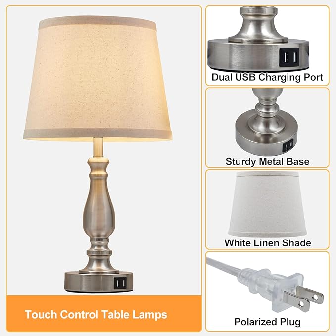 Lamps for Bedrooms Set of 2, Brushed Nickel Bedside Lamps with USB C+A Ports,Dimmable Nightstand Lamps with Fabric Lampshade, Touch Table Lamp for Living Room Bedroom Office, Bulbs Included