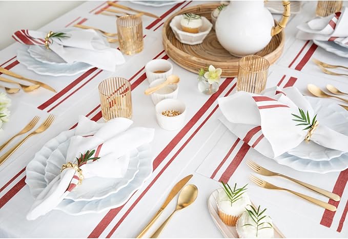 Solino Home Linen Table Runner 72 Inches Long - 100% Pure Linen Red and White French Stripe Table Runner 14 x 72 Inch for Dining, Dresser, Christmas, Holiday, Winter, New Year