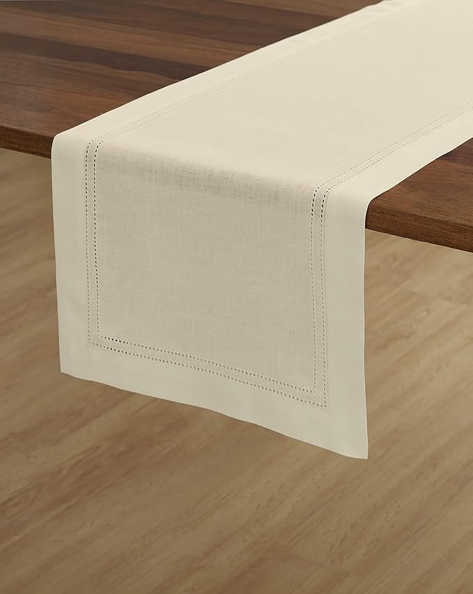Solino Home Linen Ivory Table Runner 48 Inches - Double Hemstitch, 100% Pure Linen Coffee Table Runner 14 x 48 Inch Ideal for Dresser Tables - Christmas, Holiday, New Year