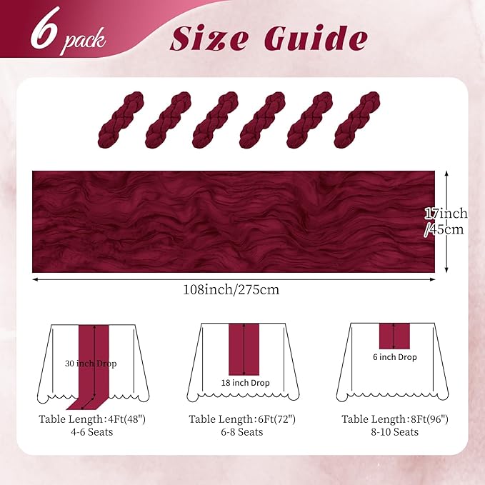 6 Pack Burgundy Cheesecloth Table Runner 17x108 Inch Semi Sheer Boho Gauze Cheese Cloth Fabric Table Runners, for Wedding Party Baby Shower Birthday Home Decor Garden Farmhouse