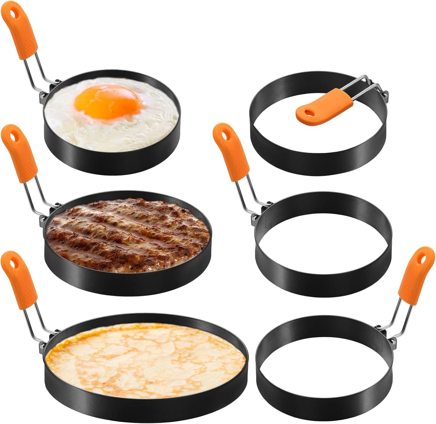 Patelai 6 Pcs Egg Ring Pancake Ring Set Stainless Steel Fried Egg Molds Griddle Pancake Shapers with Silicone Handle for Breakfast Omelette Sandwich (Round Style,4, 6, 8 Inch)