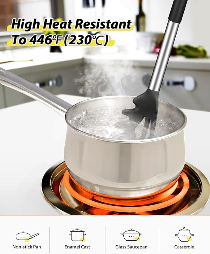 Silicone Pasta Fork and Soup Ladle Set, Non-Stick BPA Free Heat-Resistant Handy Kitchen Utensils for Cooking, Serving, Draining, Stirring (Black)