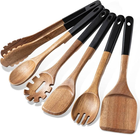 Wooden Spoons For Cooking, 6 PCS Natural Acacia Wooden Cooking Utensils, Smooth Grip Wood Cooking Spoons with Hanging Hole, Non-Stick Wooden Kitchen Utensil Set for Kitchen Essentials, Black