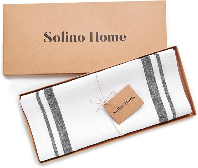 Solino Home Linen Table Runner 60 Inches - 100% Pure Linen Black and White French Stripe Table Runner 14 x 60 Inch Ideal for Dresser and Coffee Tables - Holiday