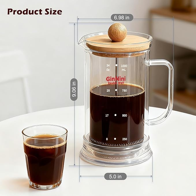 34-Ounce French Press Coffee Maker, Double Wall Borosilicate Glass Carafe with Removable Stainless Steel Filter and Shaft with Enlarged Bamboo Knob and Lid,Heat-Resistant for Coffee and Tea