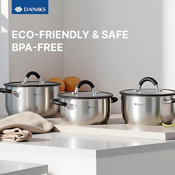 Daniks Orlando 11-Piece Stainless Steel Cookware Set with Glass Lids, Includes Saucepan and Frying Pan, Tri-Ply Bases for Even Heating, Induction Compatible, Dishwasher Safe, Heatproof Handles
