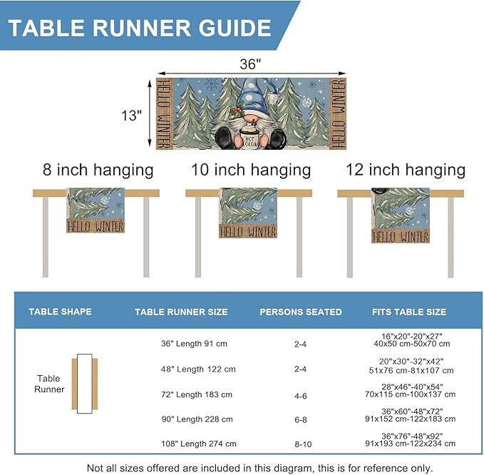 Seliem Hello Winter Blue Gnome Table Runner, Pine Tree Snowflake Hot Cocoa Farmhouse Kitchen Dining Table Decor, Christmas Holiday Rustic Home Decoration Indoor Outdoor Party Supply 13 x 36 Inches