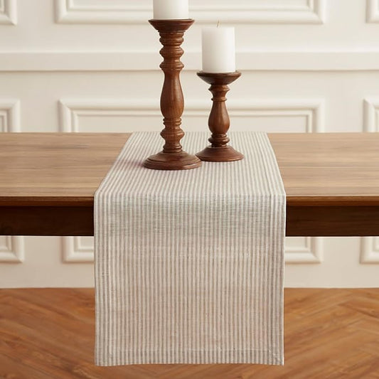 Solino Home Linen Table Runner 48 Inches - Narrow Stripe 100% Pure Linen Natural and White Table Runner 14 x 48 Inch Ideal for Dresser and Coffee Tables - Winter, Christmas, New Year