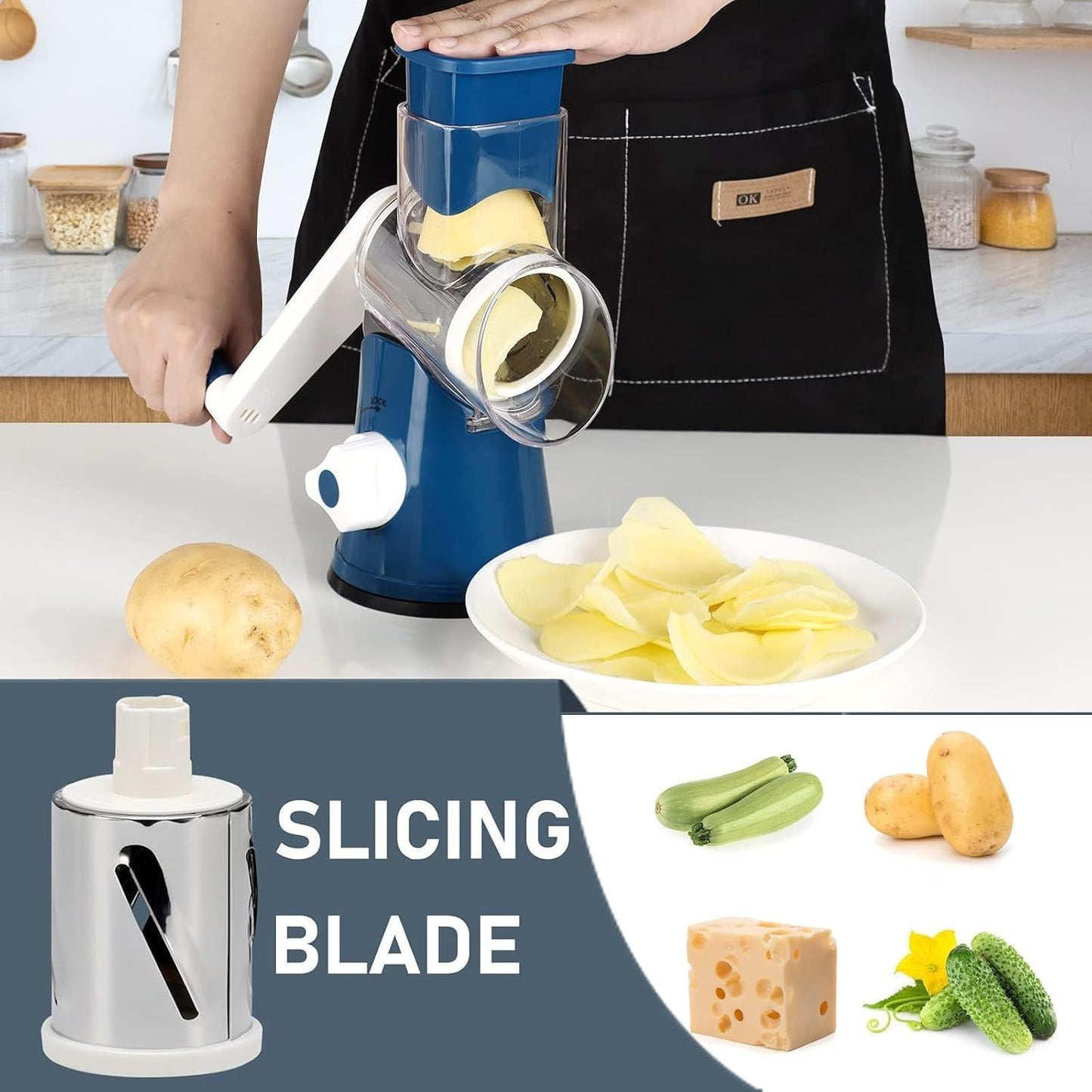 KEOUKE Rotary Cheese Grater with Handle - 3 Changeable Blades for Cheese, Vegetables, Nuts - Blue