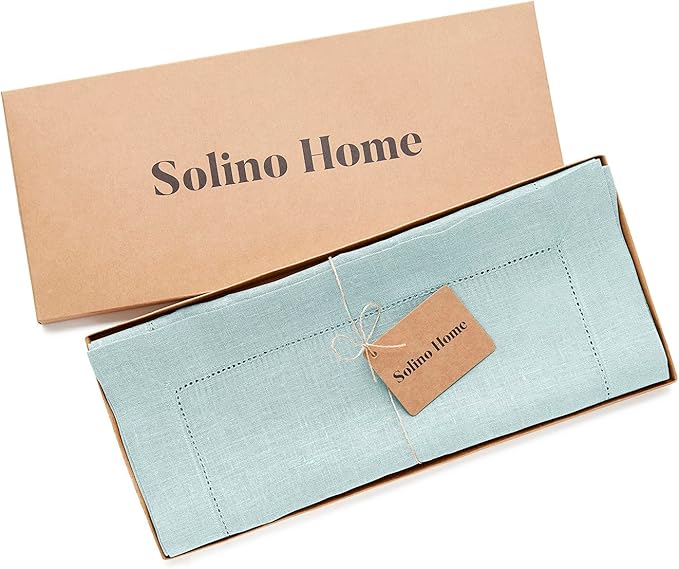 Solino Home Linen Aqua Blue Table Runner 144 Inches Long - 100% Pure Linen Extra Long Table Runner 14 x 144 Inch for Christmas, Holiday, New Year - Classic Hemstitch