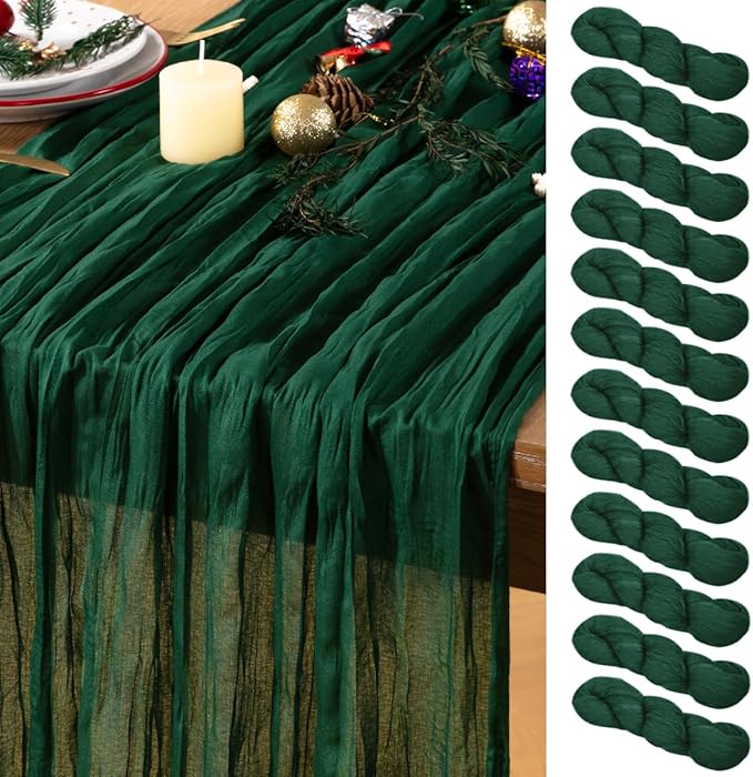 Emerald Green Cheesecloth Table Runner 12 Pack Christmas Green Table Runners Boho Gauze 120 Inches Cheese Cloth Table Decor for Xmas Holiday Season Parties Wedding Bridal Baby Shower