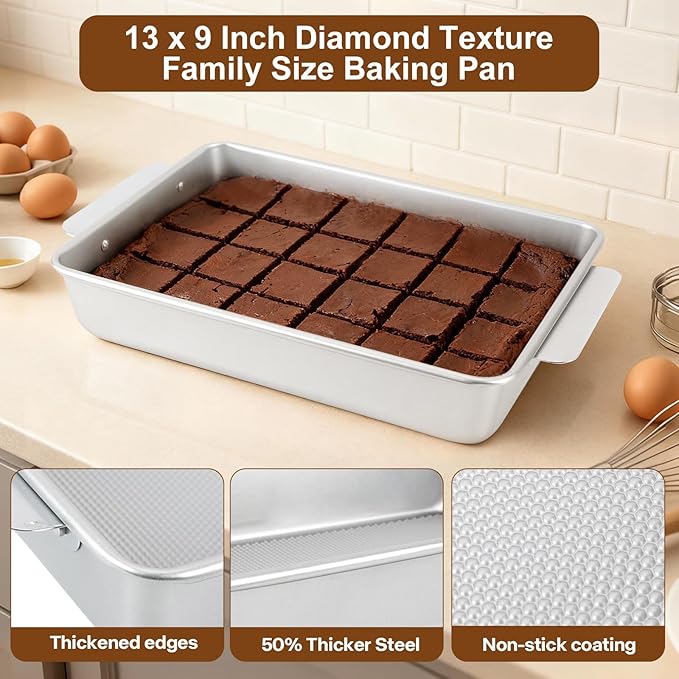 9x13 Baking Pan with Easy-Grip Handles, Aluminized Steel Textured Nonstick Rectangle Cake Pan, Deep Brownie & Lasagna Pan, Warp-Resistant Heavy-Duty Bakeware for Family Meals