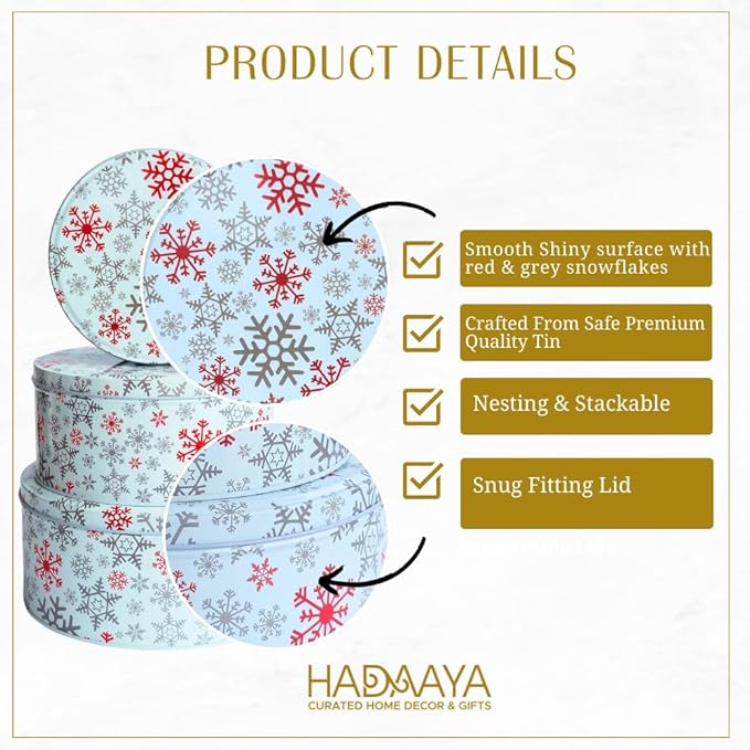 Pack of 3 Round Snowflake Christmas Tin Set – Stackable Holiday Storage Containers with Red and Silver Snowflake Design | Perfect for Cookies, Candy, and Gifts | Decorative Winter Gift Boxes