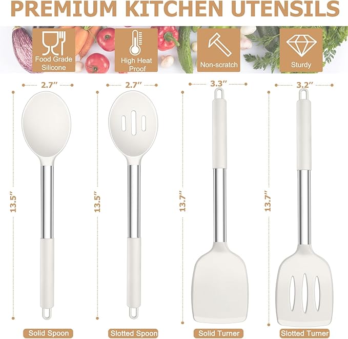 TeamFar Kitchen Utensils, 4 PCS Silicone Cooking Utensils with Stainless Steel Handle, for Nonstick Cookware Frying/Flipping/Draining, Non-toxic & Heat-proof, Non-scratch & Dishwasher Safe