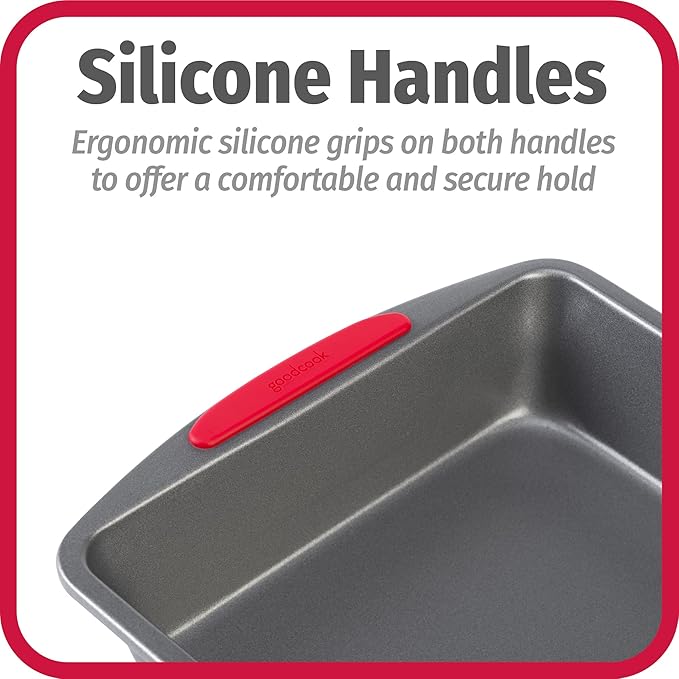 GoodCook MegaGrip Baking Pan with Silicone Grip Handles Square Non-Stick Heavy-Gauge Steel Cake Pan Baking Dish for Brownies Bread Cake Baked Goods & More, Dishwasher Safe, 8x8-Inch,