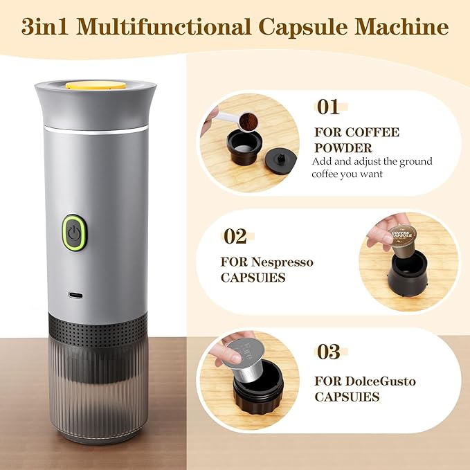 Portable Coffee Maker, Espresso Machine for camping, Travel Coffee Maker with USB-C, 3-in-1 Small Espresso Machine with Ground Coffee & Capsules (NS＆DG) for RV, Hiking, Office(Silver)