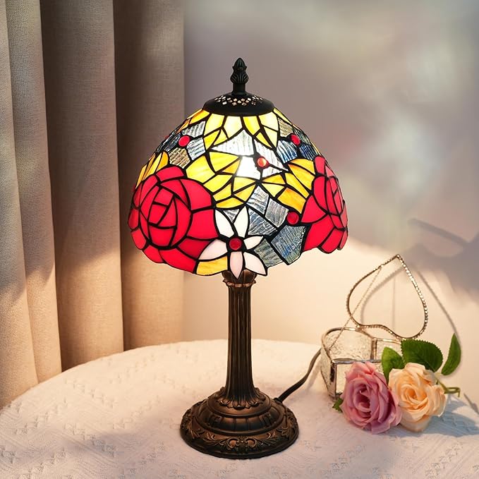 Tiffany Lamp - Red Rose Stained Glass Table Lamp 8x8x14 Inches - Red Rose Style Desk Reading Light - Bedroom & Living Room Decor