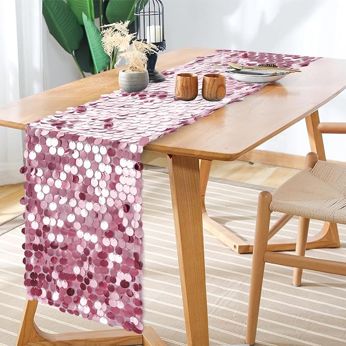 12 x 108 Inch Pink Sequin Table Runner Glitter Rectangle Big Sequin Table Runner for Wedding Party Birthday Christmas Halloween Decoration (1 Pack)
