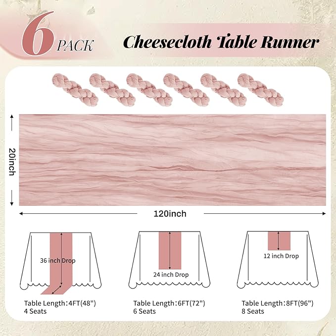 Aktor 6 Pack Dusty Pink Cheesecloth Table Runner 10Ft Gauze Table Runner Boho Semi Sheer Cheese Cloth Fabric Runners for Wedding Birthday Baby Shower Party Table Decoration（Dusty Pink）