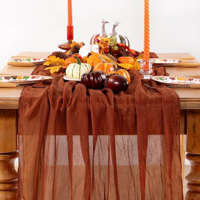 Terracotta Cheesecloth Table Runner Burnt Orange 10 Pack Christmas Table Runners 120 Inches Rust Cheese Cloth Table Decor for Xmas Holiday Season Parties Wedding Bridal Baby Shower Party