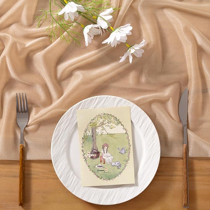 Socomi Nude Gauze Table Runner Chiffon Like Wedding Table Runner 120 inches Long Boho Rustic for Bridal Shower Decorations Baby Shower