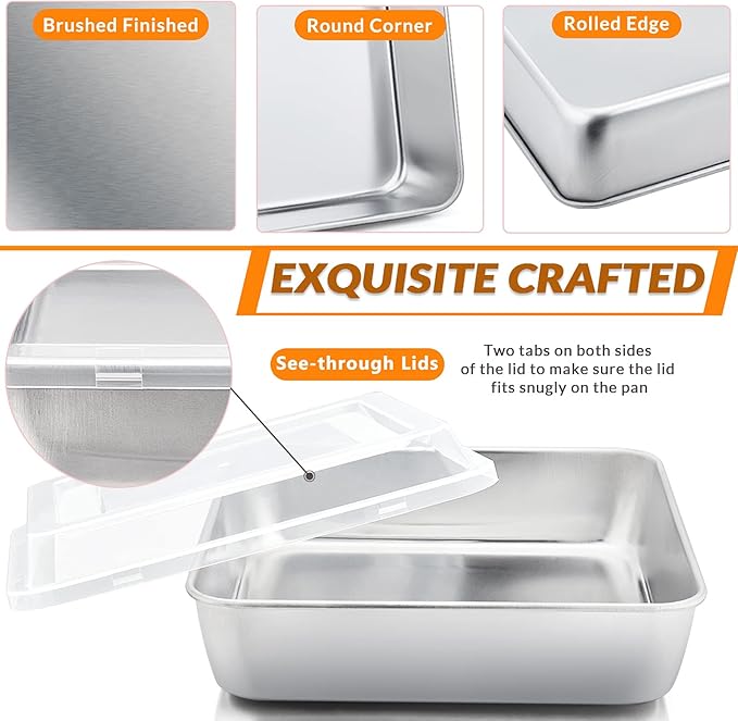 E-far 8 x 8-Inch Baking Pan with lid, Square Cake Brownie Baking Pans Stainless Steel Bakeware Set of 2, Non-toxic & Healthy, Easy Clean & Dishwasher Safe - 4 Pieces(2 Pans + 2 Lids)