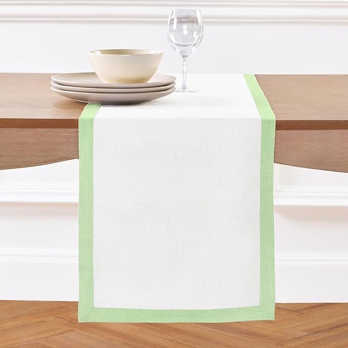 Solino Home Linen Table Runner 120 Inches Long - Pastel Green and White 100% Pure Linen 14 x 120 Inch Table Runner for Dining, Christmas, New Year - Classic