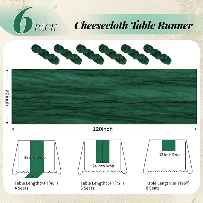 Aktor 6 Pack Christmas Table Runner 10Ft Emerald Green Cheesecloth Table Runner Gauze Boho Semi Sheer Cheese Cloth Fabric Runners for Wedding Birthday Baby Shower Party Decoration（Emerald Green）
